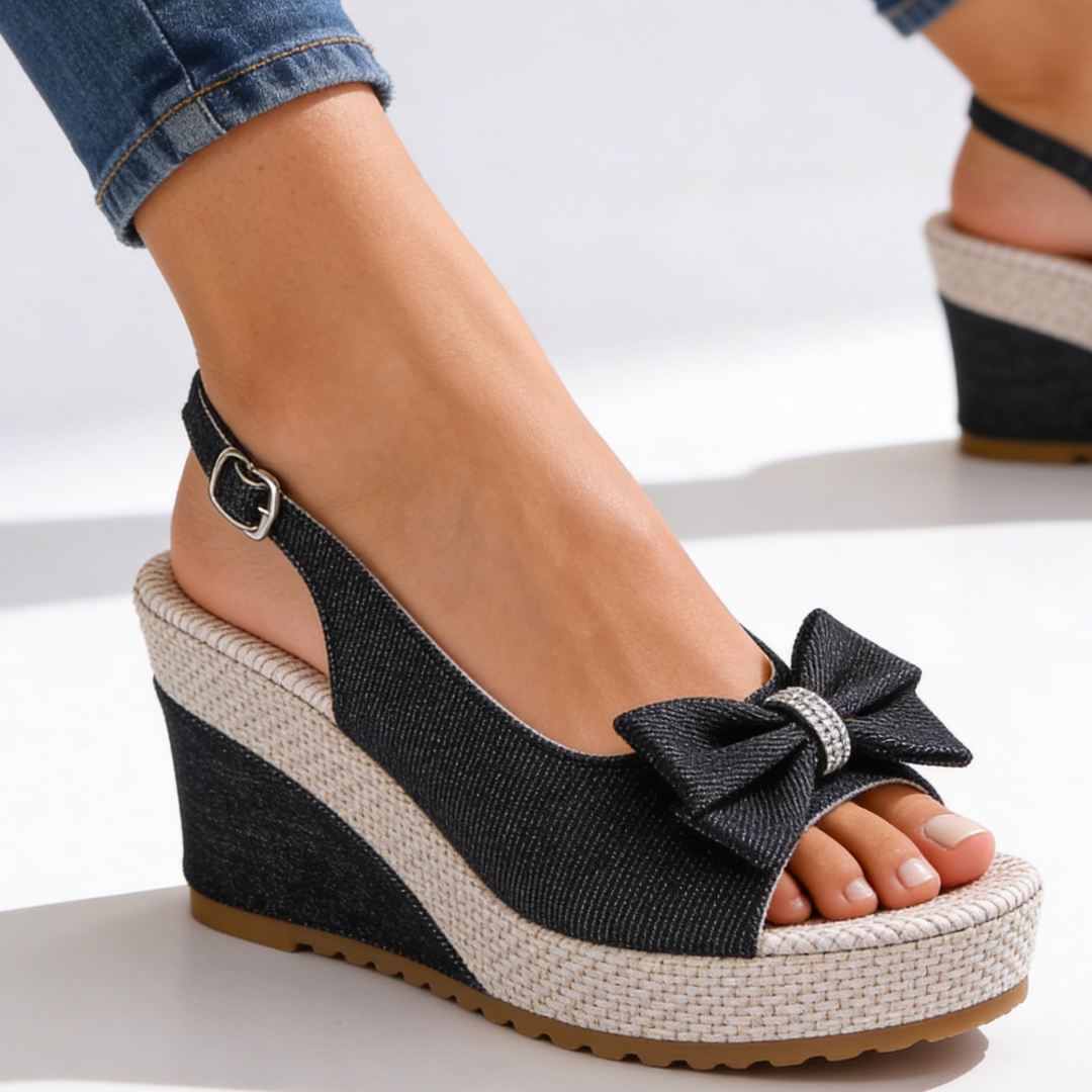 Estelle - Crystal Bow Wedge Sandals